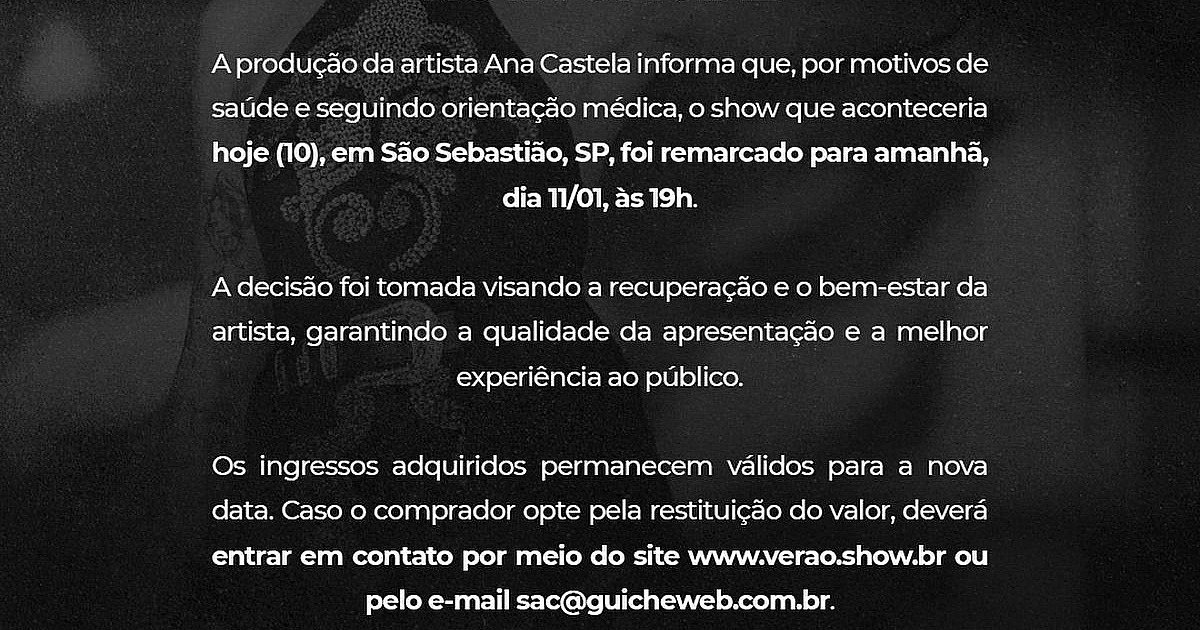 Show de Ana Castela em São Sebastião é adiado para amanhã (11)
