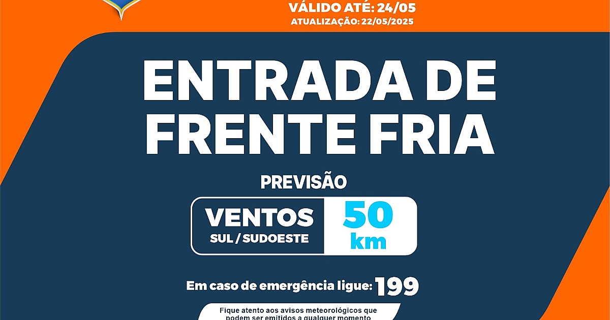 Defesa Civil alerta para chegada de frente fria e ventos de 50 km/h