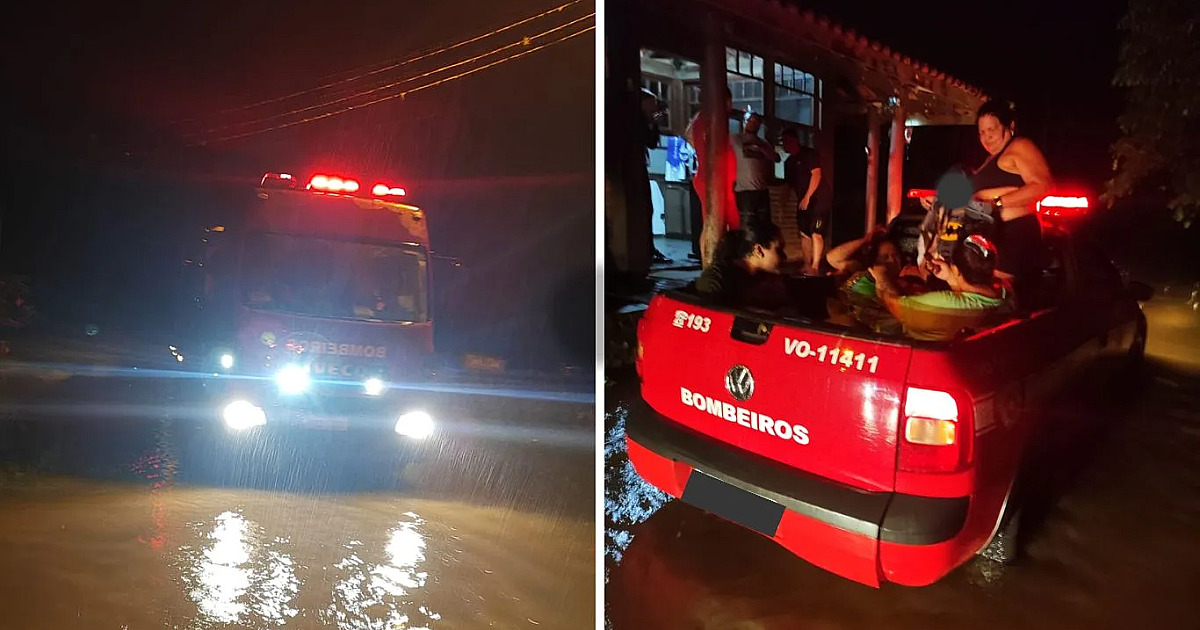 Bombeiros resgatam sete pessoas ilhadas em rua alagada próxima à praia de Ubatuba