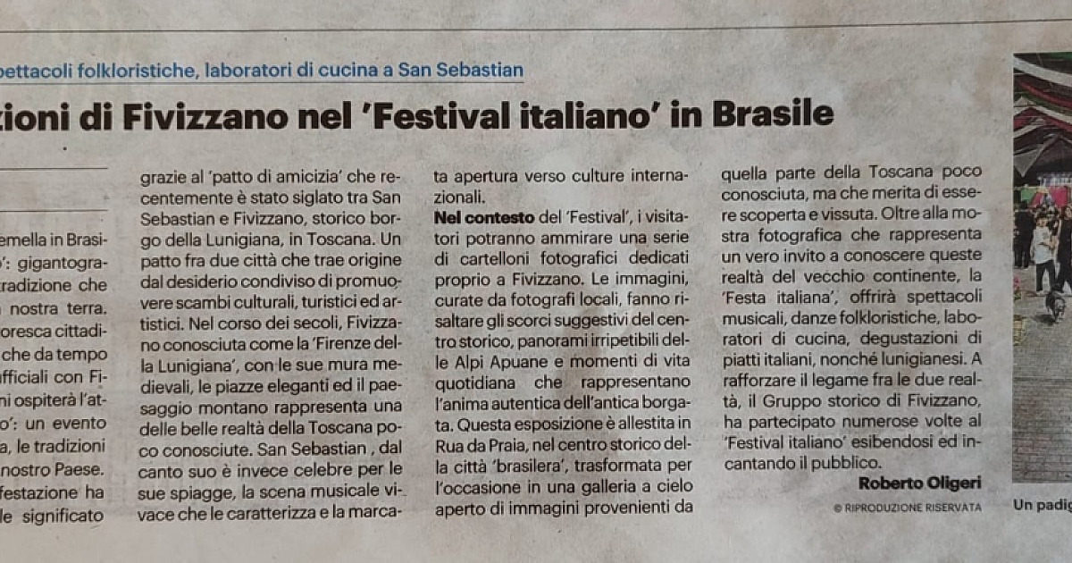 Festival Italiano de São Sebastião ganha destaque em jornal italiano